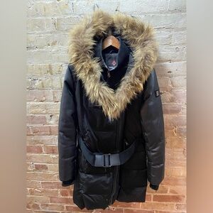 Fur-trim down-filled winter coat with faux leather details and belt